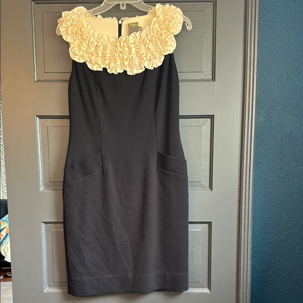Taylor Elegant Black and Cream Floral Cocktail Dress